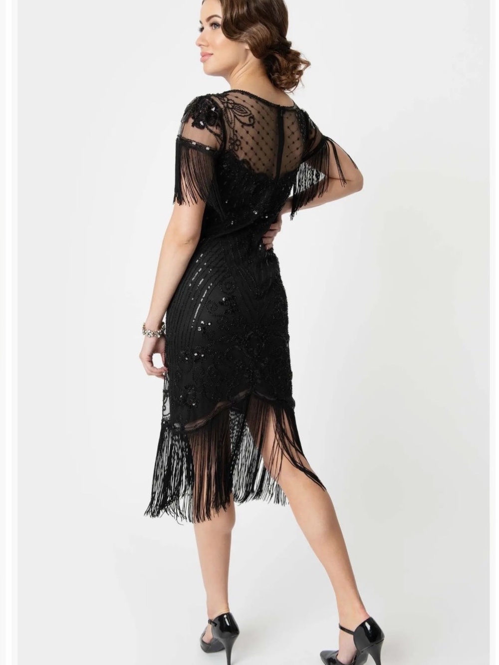 Unique Vintage Nadine Black Beaded Fringe Flapper Dress L 10/12 - Picture 2 of 7